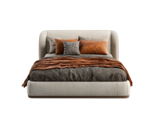 Modern upholstered bed with textured pillows and burnt orange throw interior bedroom, Isolated, Png Transparent Background