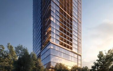 Obraz premium Tall building with a lot of windows and a green tree in front of it