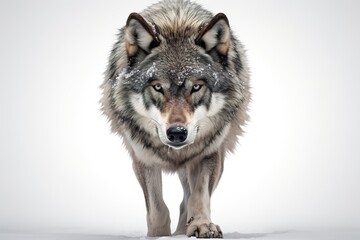 Obraz premium A fierce wolf, its sharp eyes staring intently, standing with its fur flowing against a white backdrop