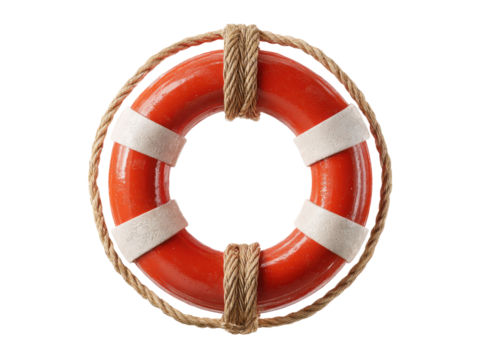 Bright orange life preserver with white bands and rope buoy rescue, Isolated, Png Transparent Background