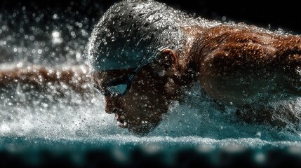 Swimmer in butterfly stroke, water splashes