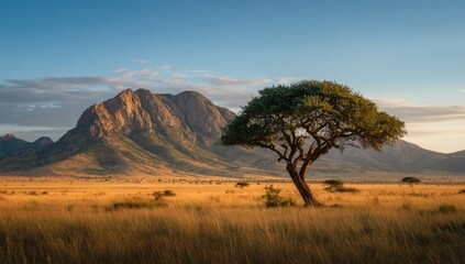 Fototapeta premium A lone acacia tree stands proud in a golden savanna landscape, with dramatic mountains rising in the background. Sunrise or sunset hues bathe the scene