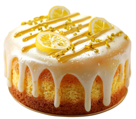 Whole lemon drizzle cake with glazed icing and lemon slices, isolated on transparent background