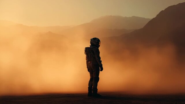 An astronaut in a full suit stands alone on a desolate dusty Martian-like landscape under an orange hazy sky with distant mountains evoking profound solitude and exploration