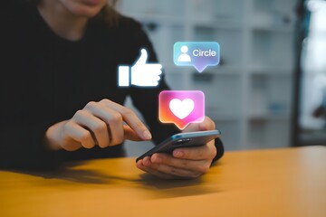 Close up of a person using a smartphone with social media icons like a thumbs up and heart appearing as digital overlays representing online engagement and digital communication
