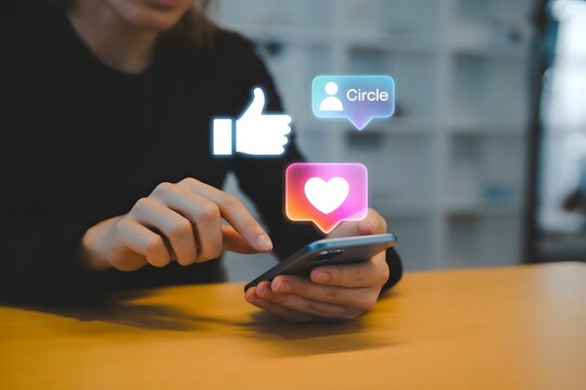 Close up of a person using a smartphone with social media icons like a thumbs up and heart appearing as digital overlays representing online engagement and digital communication