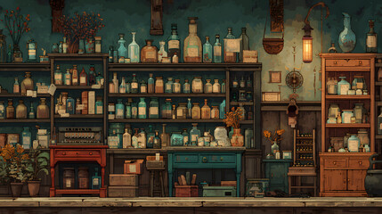 Obraz premium A witch's apothecary filled with shelves of magical ingredients and potions in dusty bottles. Generative AI