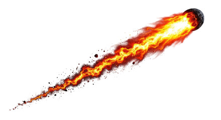 Meteor streaking through the atmosphere with fiery tail cutout isolated on transparent bg, png