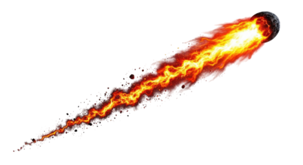 Meteor streaking through the atmosphere with fiery tail cutout isolated on transparent bg, png