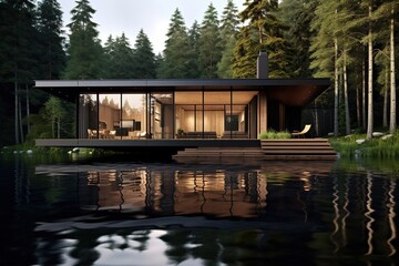 Obraz premium minimalistic design Awesome design of modern concrete house in a beautiful nature scenery near lake