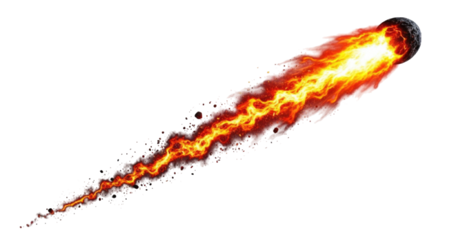 Meteor streaking through the atmosphere with fiery tail cutout isolated on transparent bg, png