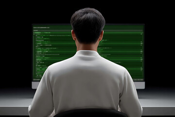 Man in White Sweater Seated in Front of Computer Screen with Code Display
