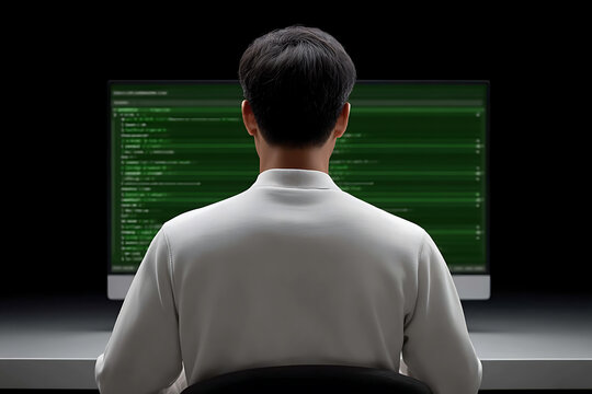 Man in White Sweater Seated in Front of Computer Screen with Code Display