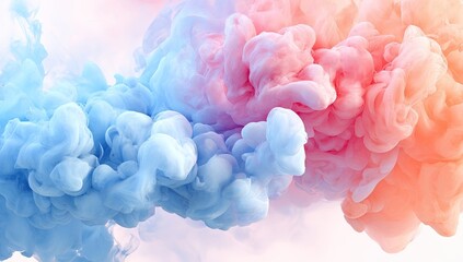 Obraz premium Abstract swirling of pastel ink. Soft, colorful clouds of light blue and peach-pink ink blend, creating a delicate and ethereal effect