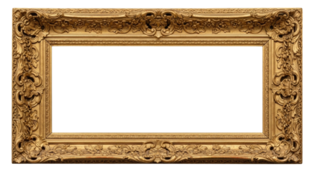 Ornate golden frame with intricate designs and empty space for artwork cutout isolated on transparent bg, png