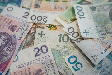 Polish Zloty Banknotes Background – Colorful Money Bills of Poland in Close-Up Macro
