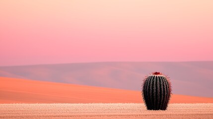 Ultra-minimalist desert landscape featuring cactus silhouette in sharp focus, vibrant gradient sky in pink and orange hues captured with 200mm lens and shallow depth of field