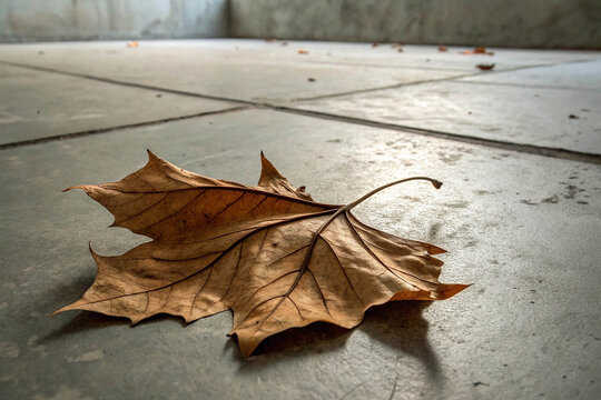 Brown dried leaf on grey concrete tiles dry leaf maple leaf - Powered by Adobe