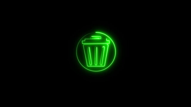 Neon glowing delete button icon on black background. Garbage bin sign. Recycle basket icon. Office trash icon. Recycle basket icon 4k.