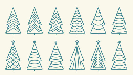 Fototapeta premium Twelve stylized teal line art Christmas trees; minimalist, modern, festive holiday design elements.