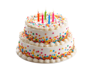 Festive two tier cake with colorful sprinkles and candles birthday celebration, Isolated, Png Transparent Background
