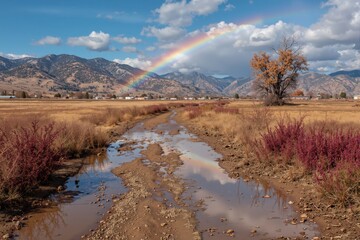 Dirt road winding through dry landscape, single tree, bright blue sky, rainbow after shower, autumn weather, serene scene. Concept of tranquility and beauty, rainbow after shower.