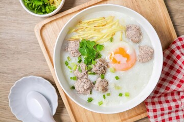 Congee or rice porridge with pork and eggs , thai food, asian food, chinese food