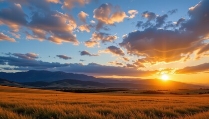 Serene Sunset Over Grassland Landscape with Dramatic Clouds