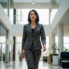 Elegant Indonesian Businesswoman in a Modern Batik Suit Walking in an Office Hallway
