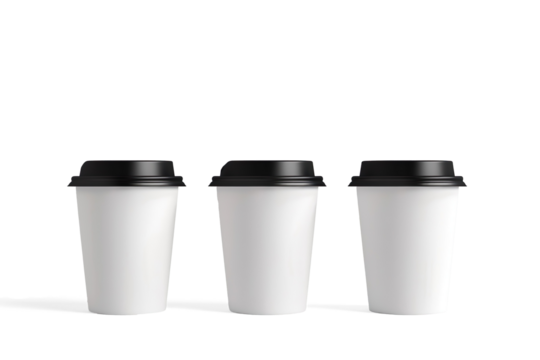 Three White Disposable Coffee Cups with Black Lids and Minimalist Logo on a transparent background