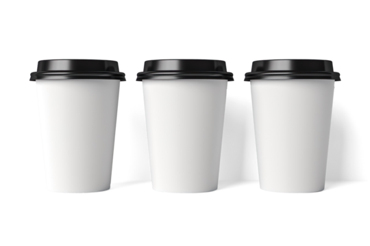 Three White Disposable Coffee Cups with Black Lids and Minimalist Logo on a transparent background - Powered by Adobe