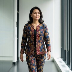 Elegant Indonesian Businesswoman in a Modern Batik Suit Walking in an Office Hallway