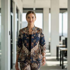 Elegant Indonesian Businesswoman in a Modern Batik Suit Walking in an Office Hallway