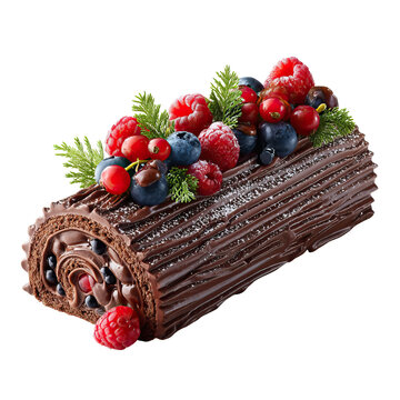 Chocolate Yule log cake with sugared cranberries and mint leaves on transparent background

