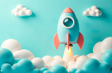 rocket toy is launching on blue background, with copy space. Education concept, abstract business startup, business fast growth, to successful goal target, space technology concept