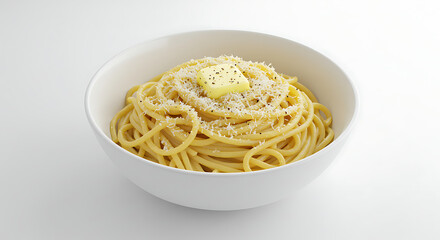 A white bowl of buttered noodles with black pepper and grated cheese, simple and comforting, isolated on clean white background