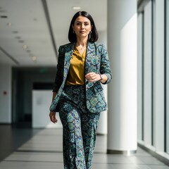 Elegant Indonesian Businesswoman in a Modern Batik Suit Walking in an Office Hallway