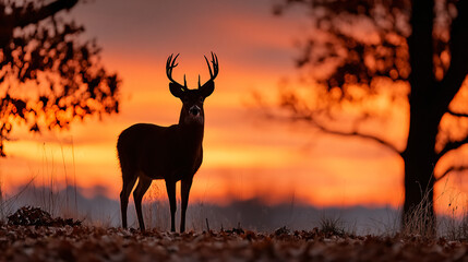 Silhouette of a whitetail buck at sunset during the fall, antlers sharply outlined against a glowing orange and red sky, standing still on a ridge with fallen leaves scattered around