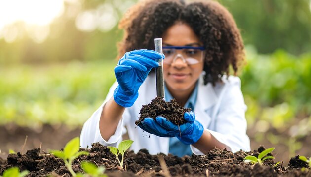 Soil scientist analyzing sample in field, wearing lab coat and blue gloves