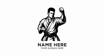 Fototapeta premium Monochrome illustration of a muscular martial artist in a gi and black belt, ready to fight.