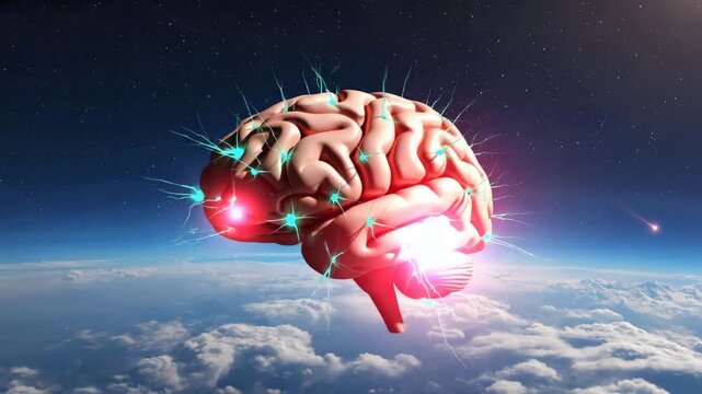 Conceptual illustration of universal consciousness and advanced intelligence, with a glowing brain's neural network active in outer space.