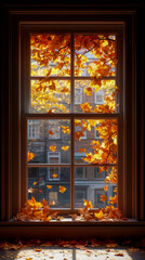 Cozy Autumn Window View with Golden Maple Leaves Adorning the Panes and Sill, Bathed in Warm Sunlight from a Serene Fall Day
