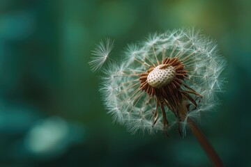 Fototapeta premium A dandelion seed head, light and airy, floats on a gentle breeze against a soft teal and green bokeh background