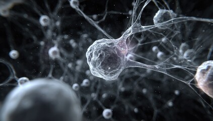 Obraz premium Complex network of interconnected cells. Abstract microscopic view of neural pathways, showing intricate connections and round cellular structures