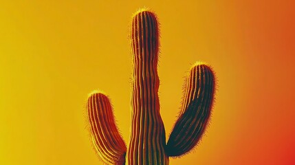 Single saguaro cactus standing tall on clean desert horizon, golden to deep red sunset gradient, taken with mirrorless camera 70-200mm lens, silhouette sharply contrasted against smooth color