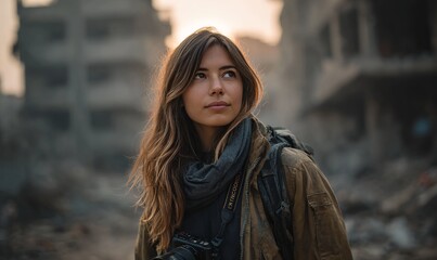 Compelling portrait of a determined female journalist or aid worker, wearing practical outdoor gear and a camera, standing in a background of crumbling buildings