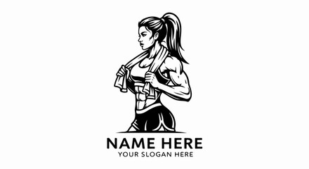 Fototapeta premium Black and white graphic of a strong, muscular woman with a ponytail, holding a towel around her neck after a workout.