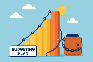 Budgeting plan concept with rising bar chart and chained wallet symbolizing financial control and saving efforts under sunny sky with clouds