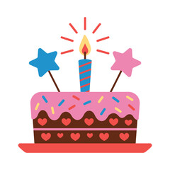 Colorful Birthday Cake with Candle and Star Decorations Illustration for Celebrations and Happy Occasions Graphic Design Element