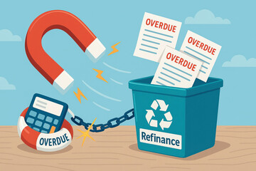 Overdue bills being attracted by large magnet from calculator chained to recycling bin labeled refinance, symbolizing debt management and financial recovery efforts